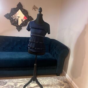 White House Black Market Midnight Blue Top with Fringe and Metallic Detail.